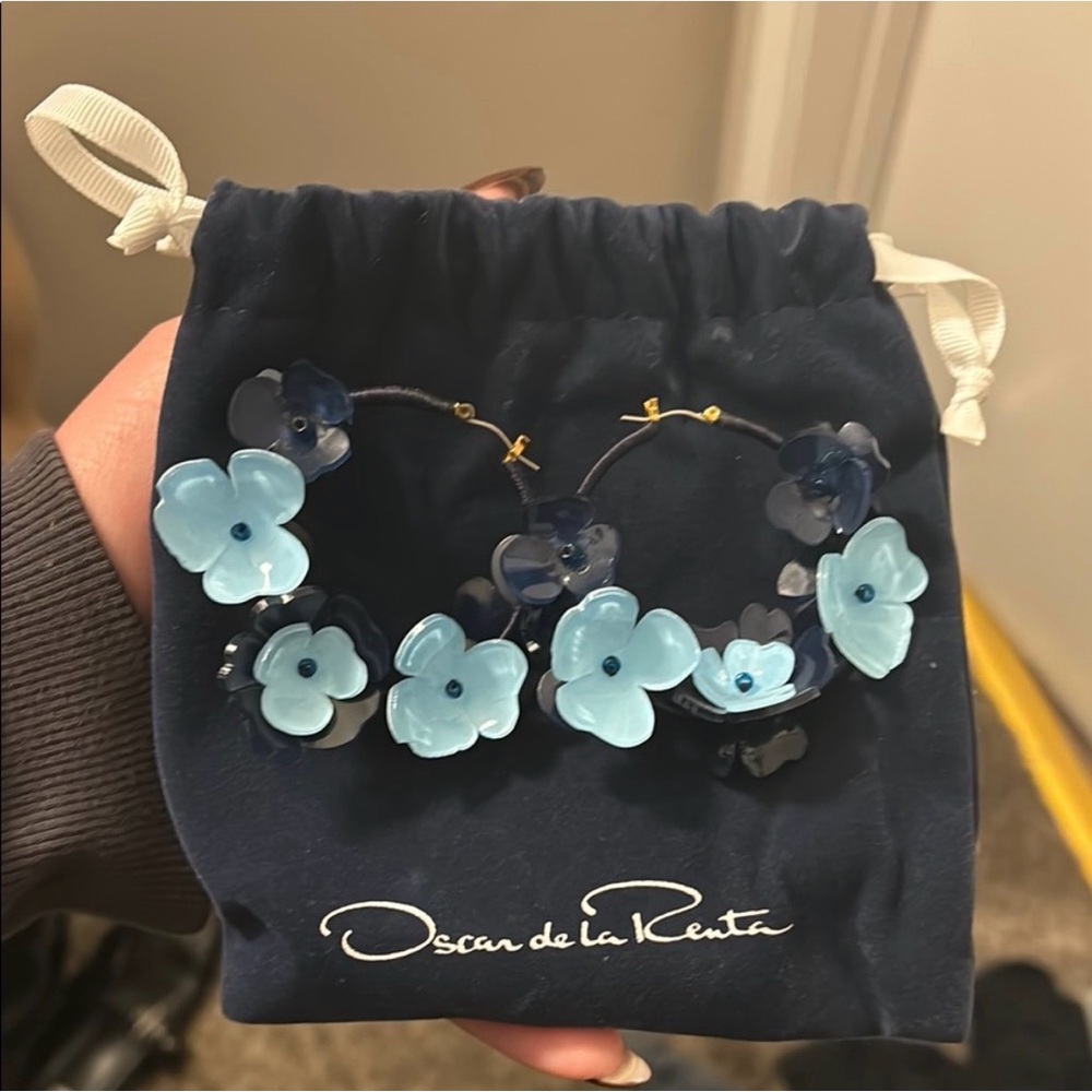 Oscar de la Renta Navy and Light Blue Floral Earrings